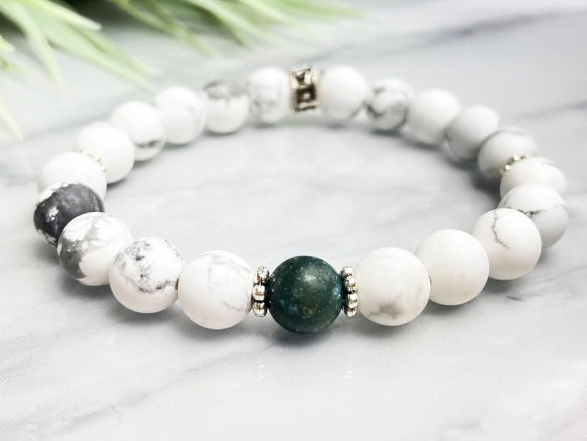 Unisex Natural Matte Howlite & Green Moss Agate Stretchable Bracelet