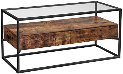 VASAGLE TV Cabinet for up to 55-Inch TVs, TV Console with 2 Drawers, TV Stand, Tempered Glass Top, Stable, for Living Room Bedroom, Industrial Style, Rustic Brown and Black LTV051B01