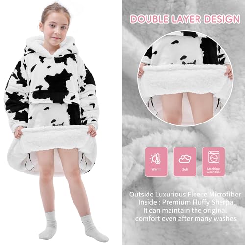 yescool Wearable Blanket Hoodie Kids, Oversized Blanket Sweatshirt with Sherpa Teen Girl Gifts for Kids, Youth, Boys, Girls, 8-15 Year Old Girl Boy Gift Warm Teen Wearable Blankets, One Size, Cow
