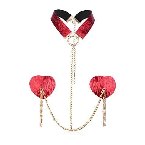 MISI CHAO Sexy tassel metal rivets Nipple Cover - Rave Pasties Reusable Waterproof Bra Breast Petal X Stickers with Leather Choker for Women and Girls(red) Cover