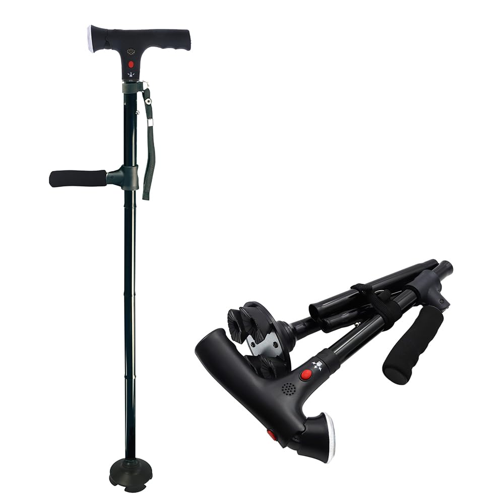 POFET Bastón Plegable con Mango en T amortiguado, luz LED, reposabrazos Ajustable, bastón para Caminar, Adecuado para Personas Mayores
