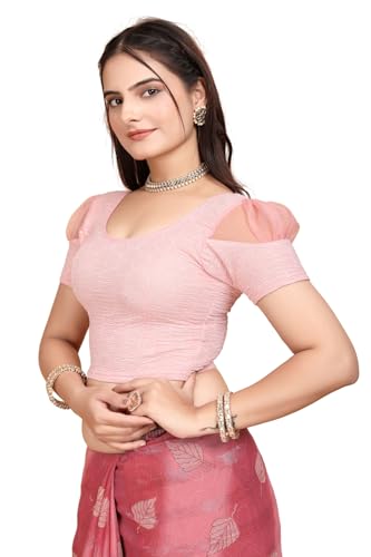 Image of SFT Women's Organza Patch Readymade Saree Blouse with Round Neck Half Sleeves Abstract Pattern Pull On Closure Regular Fit and Standard Length