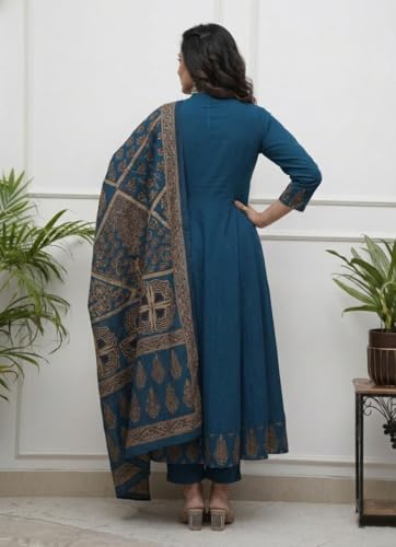 Image of GoSriKi Women's Rayon Viscose Anarkali Printed Kurta Pant with Dupatta | Anarkali Kurta Set for Women | Flared Kurti Pant Set | Ethnic Printed Suit for Women