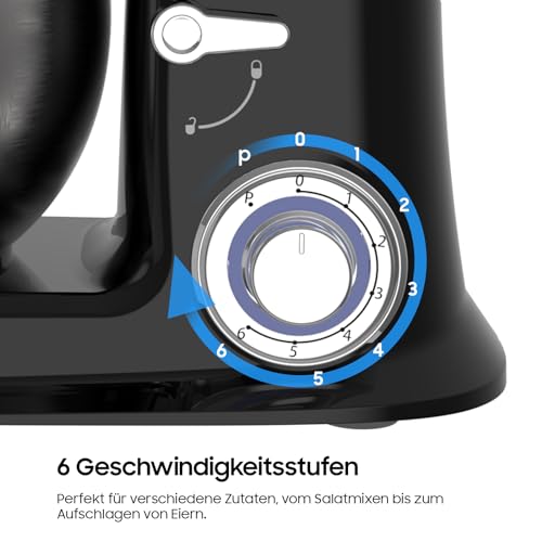 Küchenmaschine - Knetmaschine mit 6L Edelstahl Schüssel, Teigmaschine mit Flexi-Rührer, Knethaken und Schneebesen, 6 Stufen, Rührmaschine zum Rühren, Kneten und Aufschlagen, 1500 W