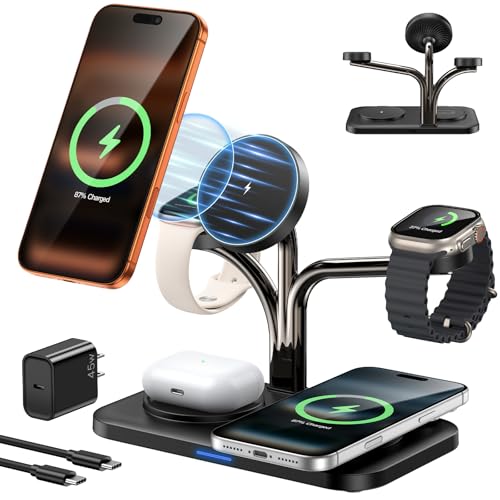 45W 5 in 1 Magnetic Charging Station for Apple Multiple Devices Dual Phone & Apple Watch Charger Stand Fast Wireless Charger for MagSafe Charger for iPhone 17-12 Series for Apple Watch & AirPods