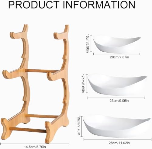Image of 3 Tier PLASTIC Fruit Bowl With Bamboo Wood Stand for Kitchen Counter,Porcelain Fruit Basket for Vegetable Storage,Snack Dessert Cake Tray Plate Rack for Party Wedding - White