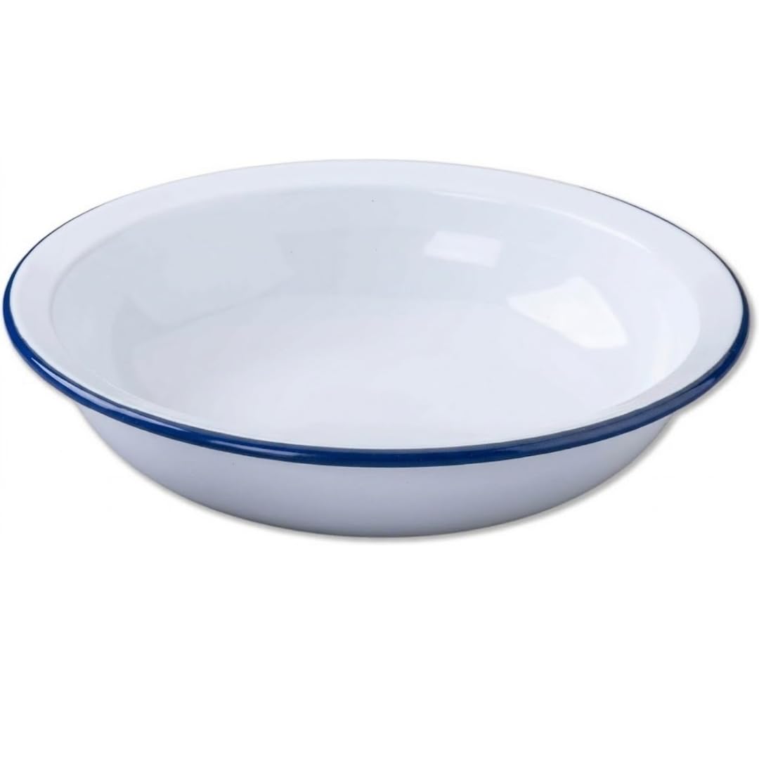 Enamel Round Pie Dish with Blue Rim – 20cm Oven Safe Baking Dish, Deep Enamel Pie Plate for Baking, Roasting & Serving – Heavy Gauge Steel Enamelware, Retro Kitchen Cookware, White with Blue Rim