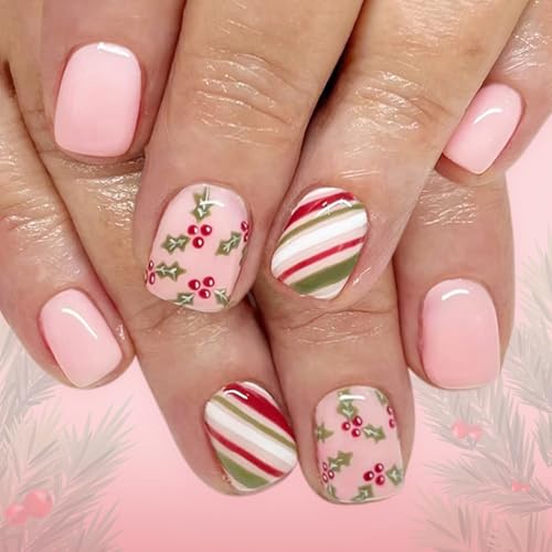 Christmas Press on Nails Short Square Fake Nails Pink Xmas