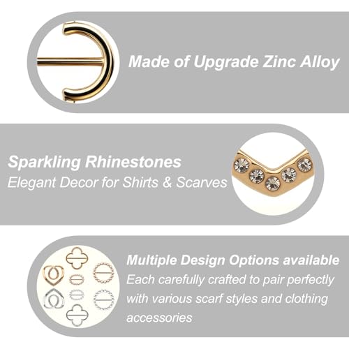Image of 8-Pack Cute Scarf Ring, Premium Shirt Tie Clips for Women Clothing accessories, 4 Elegant Styles T-shirt Waist Cinch Clip Buckles with Rhinestone Accents (Gold /Silver)
