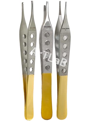 3 PCS German Stainless Gold Handle ADSON Tissue 1X2 Teeth +ADSON Brown+ADSON Dressing Forceps 4.75