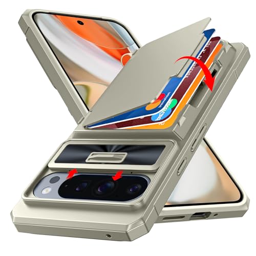 CENMASO for Google Pixel 9 Pro XL Case with Card Holder (4 Cards) Sliding Camera Cover & KickstandRFID Blocking Military Drop Protection & TPU Edge Wallet Case for Pixel 9 Pro XL-Natural Titanium