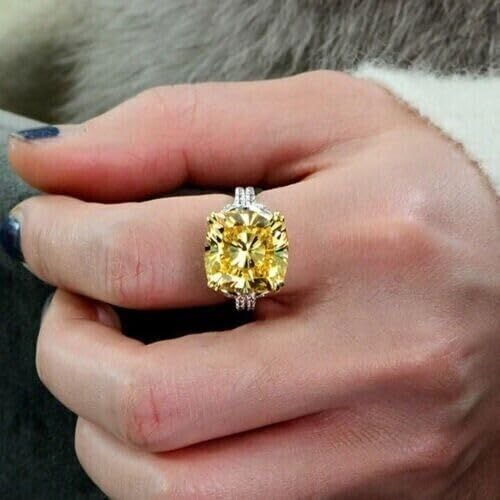 Purvika Jewels Engagement Ring, 4.00 Ct Cushion Cut Lab Created Yellow Citrine, 925 Sterling Silver, 14K White Gold Finish