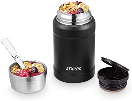 ZTXPRO Food Flasks for Hot Food 800ml, Stainless Steel Thermal Soup Container with Folding Spoon for Adult - Carbon Black