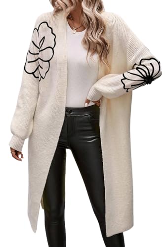 Elegant Black Flower Embroidered Drop Shoulder Open Front Duster Cardigan for Women
