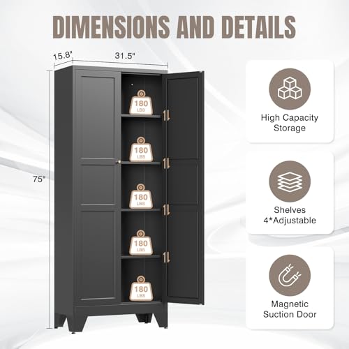 Image of Yizosh Metal Pantry Cabinet, 75 inch Kitchen Pantry with 2 Door and 4 Adjustable Shelves,Black Metal Pantry Storage Cabinet,Cupboard for Kitchen,Dining Room,Living Room and Bathroom