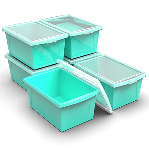 Image of Storex 5.5 Gallon Storage Bin with Lid - Plastic Classroom Organizer for Books and Supplies, Teal, 6-Pack (62746U06C)