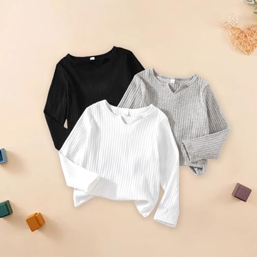 3 Pack Kids Long Sleeve Tees Girls' Soft T-Shirts Ribbed Basic Crewneck T-Shirts Top for Girls Boys3