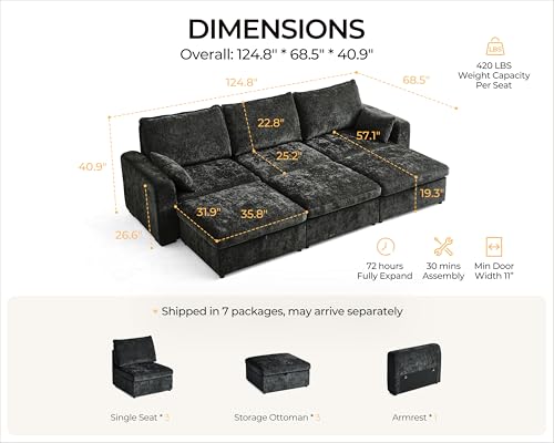 Image of 124.8'' Oversized Modular Sofa Comfy Cloud Couch with Storage, Deep Convertible Sectional Sleeper Sofa Bed for Living Room, Covers Washable, 6-Seater with 3 Ottomans, Chenille, Black