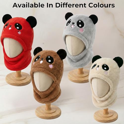 Image of Kraptick Winter Kids Monkey Cap - Cute Panda Plush Balaclava Hat with Neck Warmer Scarf Soft Woolen Fleece Lined Windproof Earflap Hood for Babies -3