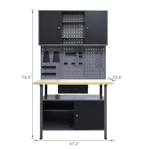Image of Metal Heavy Duty Cabinet Workbench Set System, Included Pegboard Wall Cabinets Wood Table Top, for Garage Auto Repair Shops, Utility Room