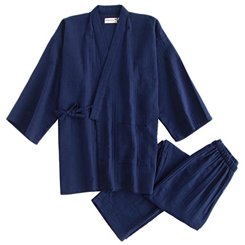 Fancy Pumpkin Uomo Stile giapponese doppio garza di cotone Kimono Pigiama Tuta Vestaglia Set medio Navy02