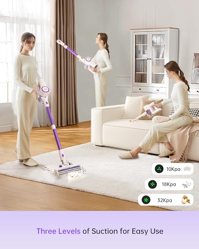FABULETTA Cordless Vacuum Cleaner for Home, 400W Lightweight Vacuum Cleaner with MAX 47Min Detachable Battery, Brushless Motor, 6 in 1 Stick Vacuum for Hardwood Floors and Carpet Pet Hair Car(Purple)