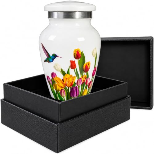 Bold & Divine Keepsake Urn for Human Ashes – Small Hummingbird & Tulip Memorial Urn, 3 Cubic Inch Mini Sharing Urn for Adult Ashes, Secure Screw Lid, White Floral Keepsake Urn