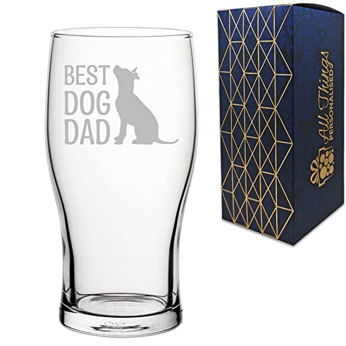 Engraved Novelty Pint Glass - Best Dog Dad Design, Laser Engraved, Gift Box Included, Funny Dog Gift, Add Personalised Message