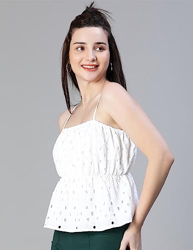 Image of oxolloxo Women Schiffli Elsaticated Shoulder Strap Cotton Top