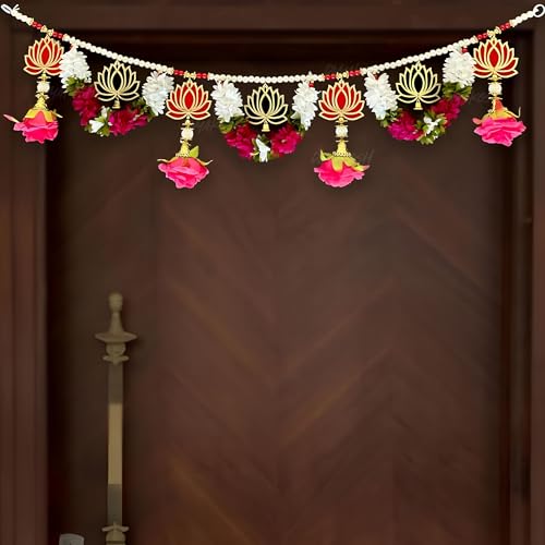 Image of Divyakosh Engineered Wood, Fabric Handmade Lotus Toran for Main Door Entrance | Door Decoration Items Hanging, Bandhanwar for Home Entrance | Toran Size - 38 Inch |, Multicolor