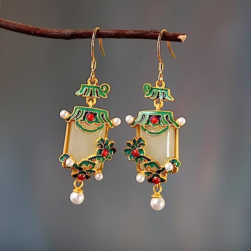 Boucles d'oreilles Hetian jade et perles en porcelaine émaillée de style cour