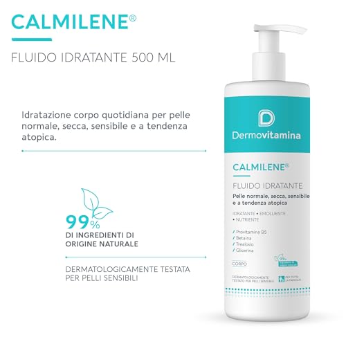 Dermovitamina Calmilene Fluido Idratante 500 ml - Crema viso e Corpo - Contrasta la sensazione di il prurito - Per delle pelli secche, molto secche e sensibili - 99% di sostanze di origine naturale - 4