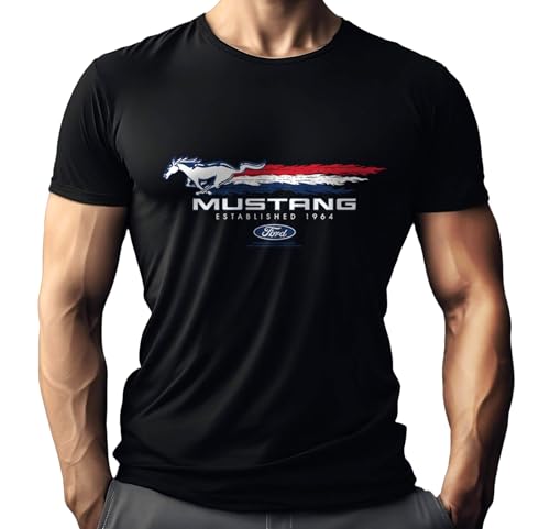 T-Shirt Homme Ford Mustang, Licence Officielle Ford, T-Shirt Fan de US-Car, Sérigraphie Haute Qualité, Coupe Sportive, Idée Cadeau pour Pilotes & Fans Mustang, ÖKO-TEX100,Ford-03, XL