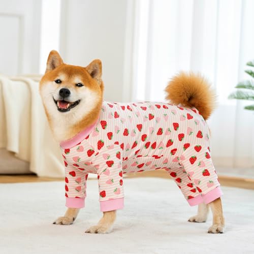 Image of Recovery Suit for Dogs Full Zipper, Four-Legged Onesie Dog Recovery Suit After Surgery Cute Soft Bodysuit Cone Alternative Male Female Neuter Anti Licking Wounds (Pink Strawberry, X-Large)