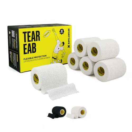 6 Rolls - SPORTTAPE EAB Tape | 7.5cm x 4.5m - White - Tearable Elastic Adhesive Bandage | Rugby Lifting Tear Light Strapping Tape for Medical Lifting Blocks Knee Strapping Elbow & Wrist