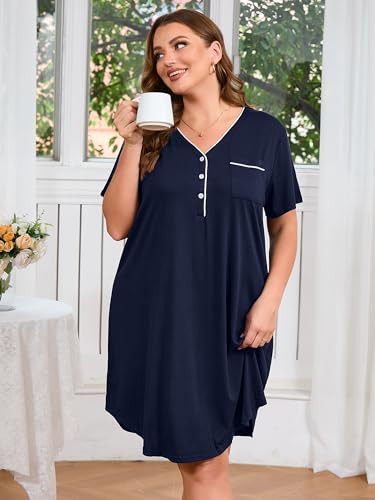 AusLook Plus Nightgowns for Women Short Sleeve Button Down V Neck House T-shirt Dress Loose Maternity Nightshirt Pajamas1-5X3