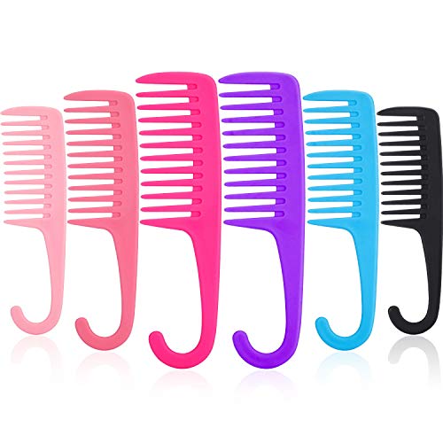 6 Pieces Detangler Comb with Hook Wide Tooth Dry Wet Comb Large Teeth Shower Combs Conditioning Shower Comb for Curly Long Straight Hair Daily Use, 6 Color