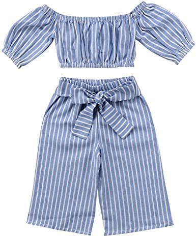 Kids Toddler Girl Stripe Off-Shouler Tube top + Pant Set Outfit Girls Jumpsuit Dress Cotton a-line Jumpsuit/Knee Length for Casual and Western