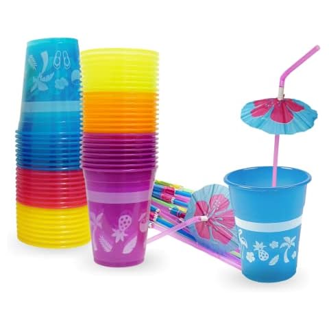 4E's Novelty 48 Packs Tropical Party Cups with Parasol Straws Cover