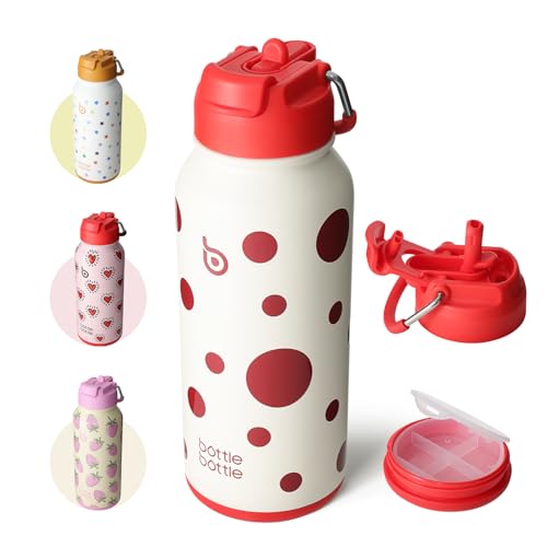 BOTTLE BOTTLE Botella isotérmica con pastillero de 900 ml, botella deportiva de acero inoxidable para exteriores, senderismo (lunares)
