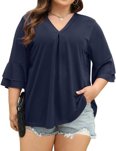 Zamowoty Plus Size Tops for Women V Neck Double Ruffle Short Sleeve Casual Summer Tops Blouse Loose Fit Tee Shirts(1X-5X)