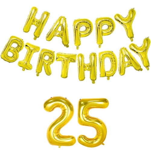 Image of Flyloons 25th Golden Happy Birthday Foil Balloon Banner Set for 25 Year Old Boys Girls | with Number Twenty-five | 13 Letters Reusable Happy Birthday Metallic Foil Balloons Decoration Kit,15 piece