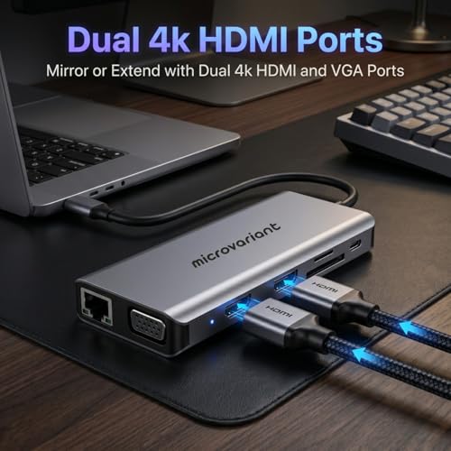 Image of Cport 12-in-1 TypeC Docking Station, Aluminum Type C Adapter with Dual 4K Hdmi, Vga, 1GBPS Ethernet (Rj45) Port, 4X USB 3.0, 100w USB-C PD, 3.5Mm Audio, Tf /Sd Card Reader for Mac /Pc /Laptop