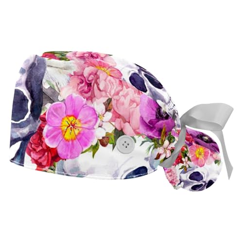 2 Pack Working Cap with Button Sweatband, Watercolor Sugar Skull Rose Adjustable Tie Back Nurse Hats Long Hair