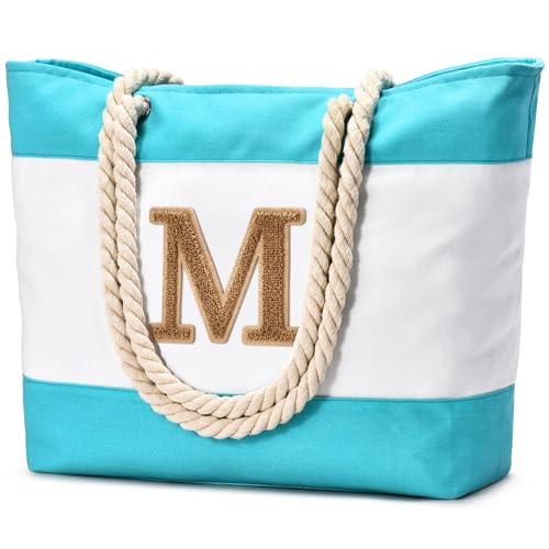 Becokan Initial Beach Bag Waterproof Canvas Beach Tote Bag Zipper Personalized Gifts for Women Her Birthday Travel Essentials