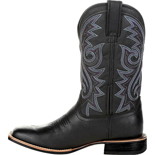 Shije Work Boots for Men Western Square Toe Cowboy Boots Retro Leather Embroidery Casual Chunky Heel Wide Calf Pull On Boots, Black, 10.52