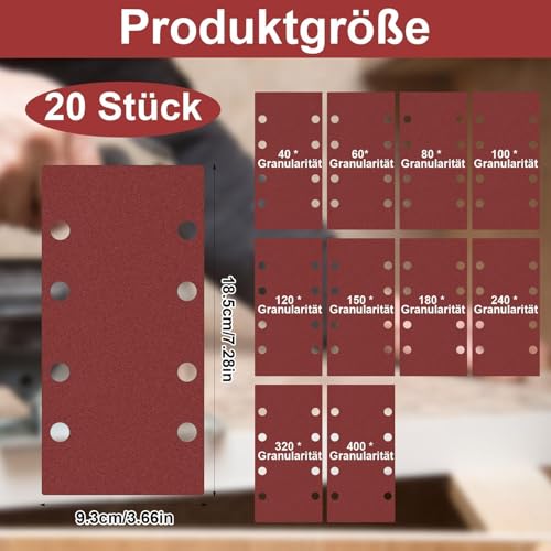 20 Stück Schleifpapier Set, Schleifblatt Set, 40/60/80/100/120/150/180/240/320/400 Körnung Rechteckiges Schleifpads, 8 Löcher Schleifpapier für Schwingschleifer, für Bosch Schleifer