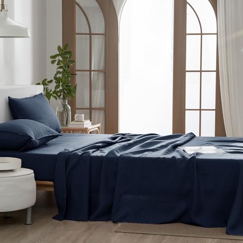 Image of EVERLY Linen Sheets Set Twin Size,100% French Stonewash Pure Linen Sheets Set,3Pieces (1Flat Sheet,1Fitted Sheet,1Pillowcase) Suitable for Hot Sleepers,Deep Pocket Bedding Set-Navy Blue