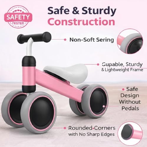 Image of Kids Baby Balance Bike for 1-2 Years Old Boys and Girls, Toddler Best First Birthday Gift | Toddler First Bike with 4-Wheel Stability | No Pedal Ride-On Toy for Indoor & Outdoor Game (Pink)