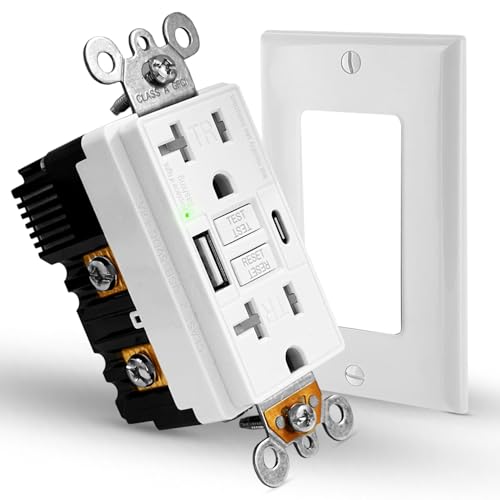 Prise GFCI 20 A sécurisée enfants avec chargeurs USB-C et USB-A intégrés